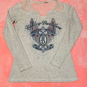 Lace & Rhinestone (black/grey) Harley-Davidson Winged Emblem long sleeve top.